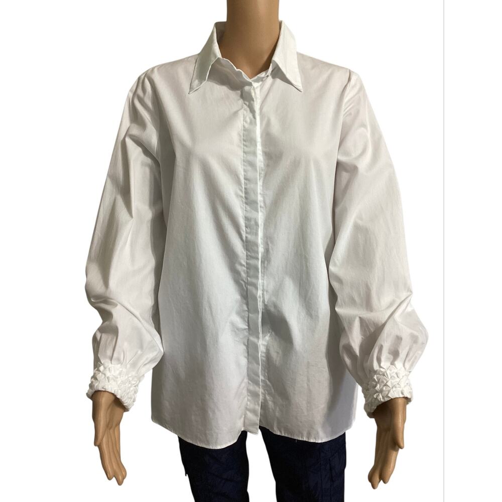 ARMARGENTUM Iasmina White Cotton Blouse Smocked Diamond‎ Cuffs Balloon Sleeve 8